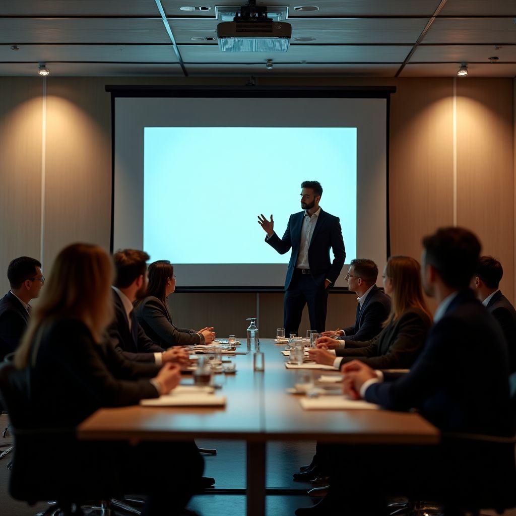 Presentación empresarial, sala con asistentes atentos