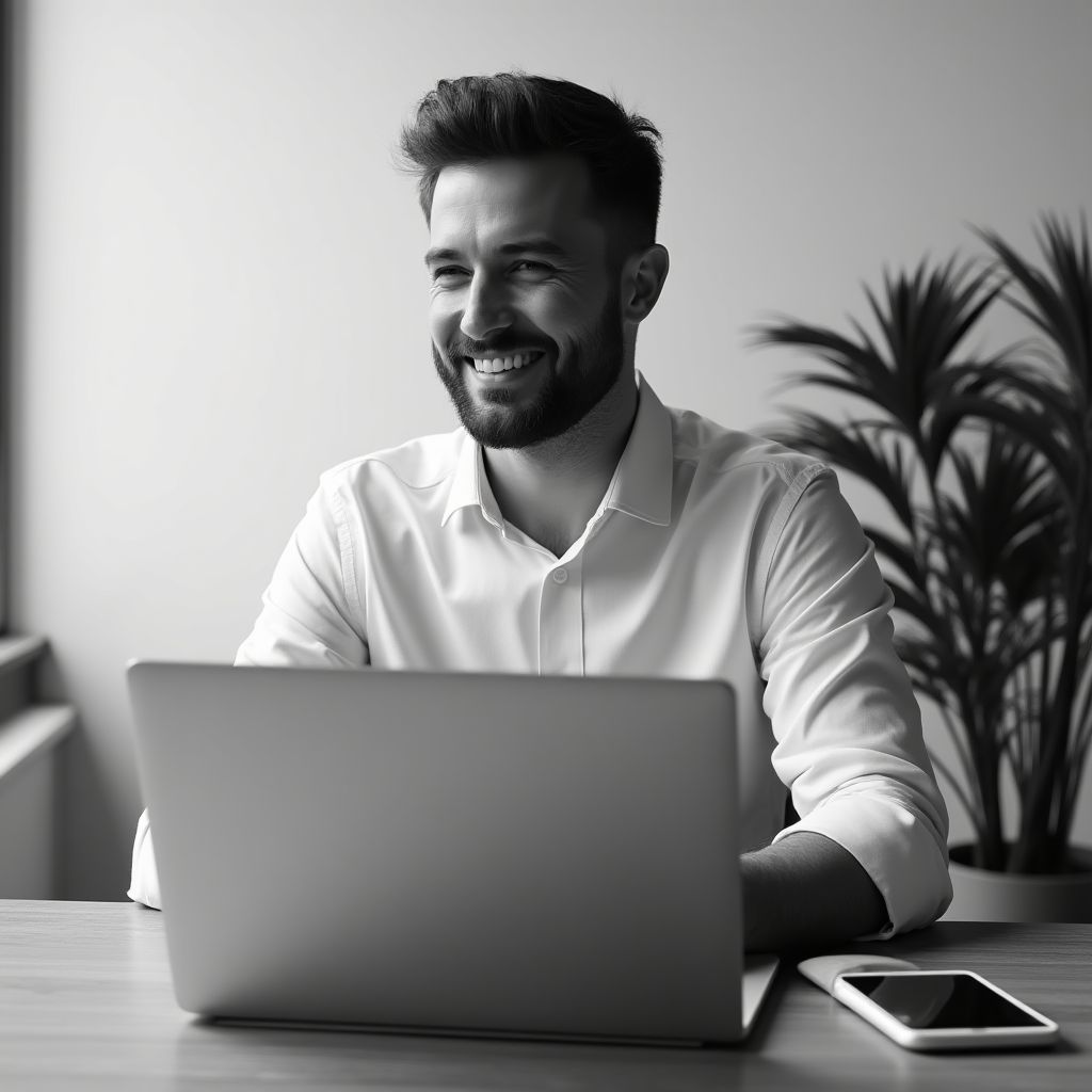 Consultor contactando, ambiente brutalista